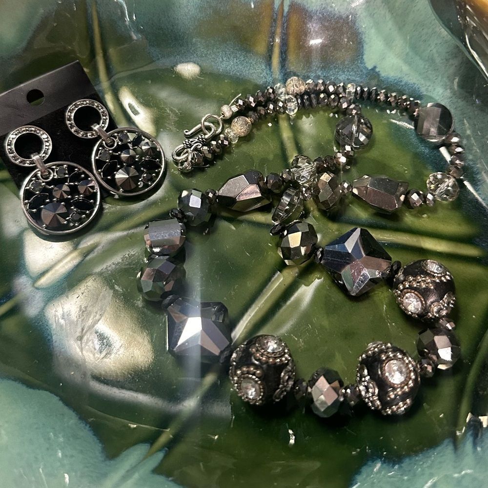 Handcrafted Black Glass Crystal & Rhinestone One of a Kind Necklace + Earrings